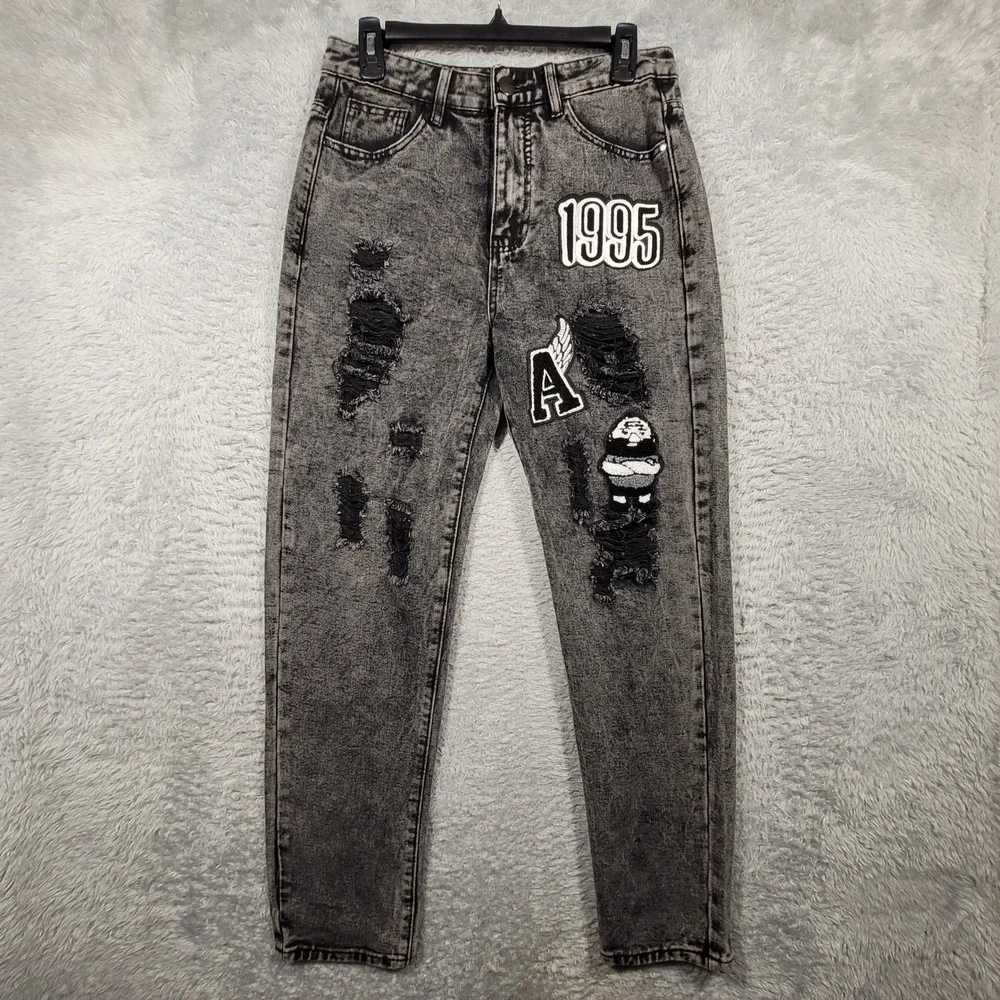 Distressed Patch Jeans Mens 28 Gray Acid Wash Graphic Tapered Denim 30x30